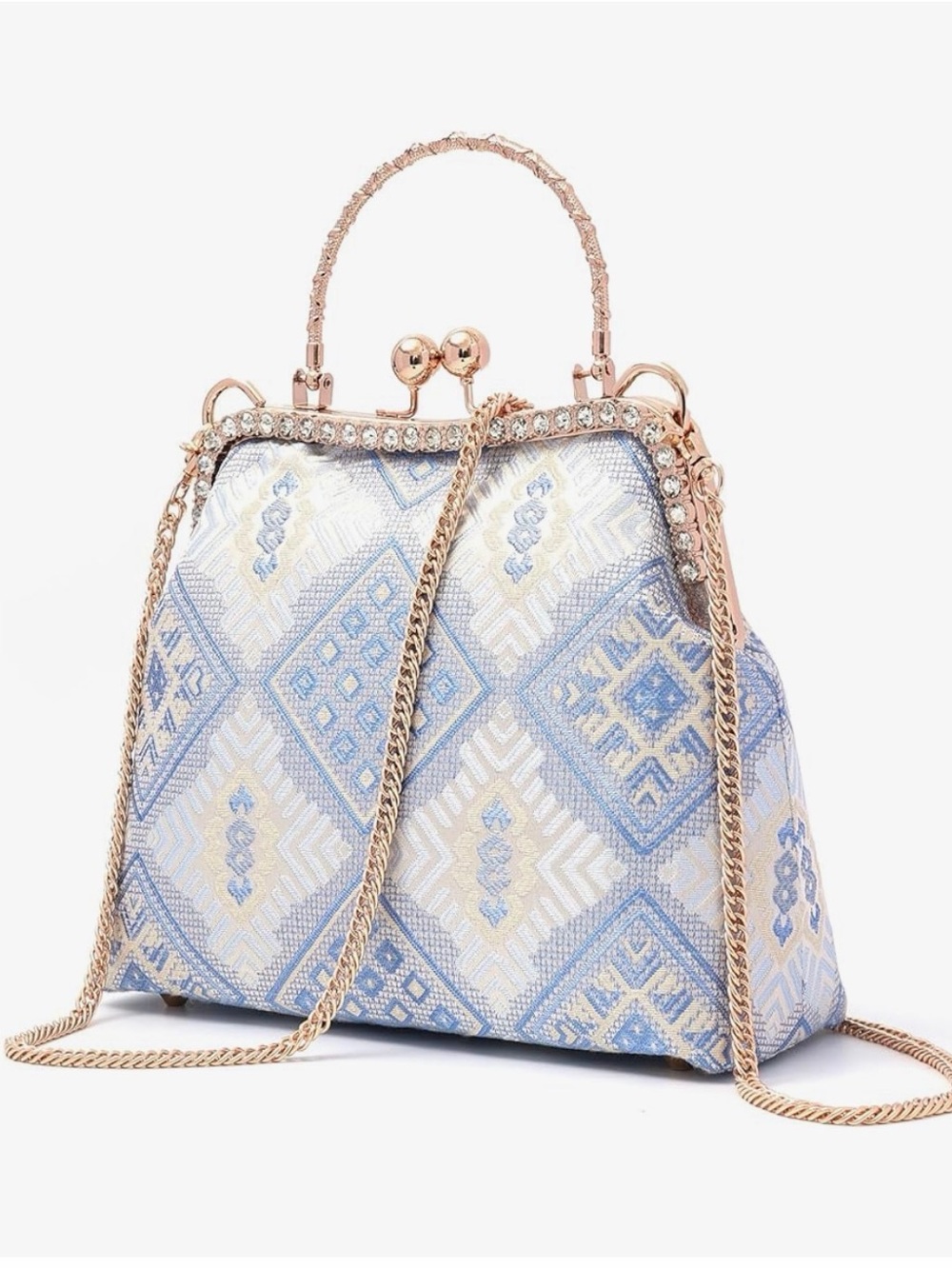 NEW Light Blue Patterned Satchel Handbag with Gold Trim